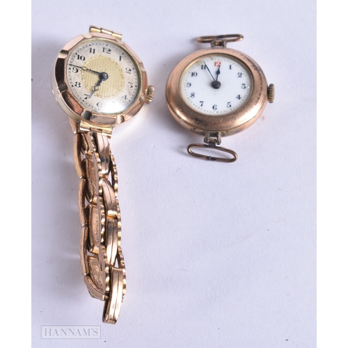 1814 - TWO GOLD FILLED YELLOW METAL WATCHES. Not running. 37.2 grams. 2.75 cm wide inc crown. (2)