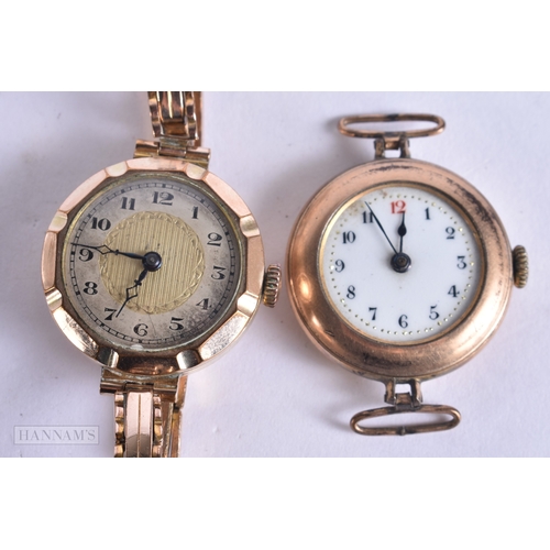 1814 - TWO GOLD FILLED YELLOW METAL WATCHES. Not running. 37.2 grams. 2.75 cm wide inc crown. (2)