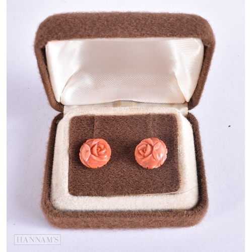 1839 - A PAIR OF 10K CORAL EARRINGS. 2.1 grams. 1.25cm x 1.25cm.