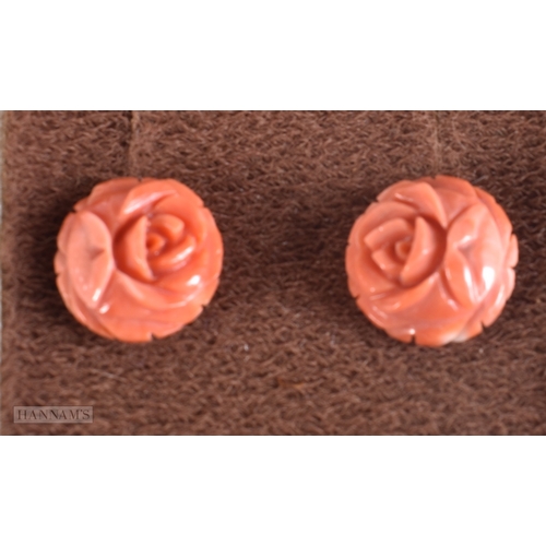 1839 - A PAIR OF 10K CORAL EARRINGS. 2.1 grams. 1.25cm x 1.25cm.