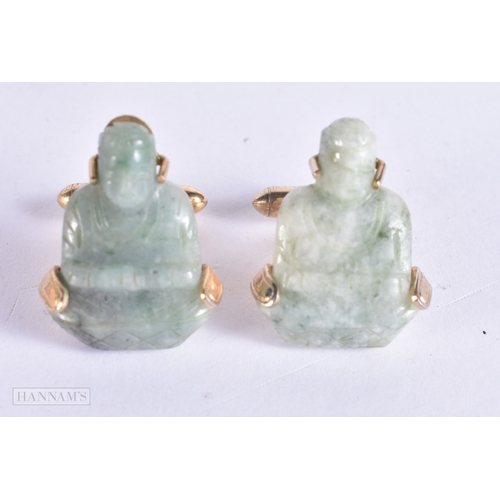 1842 - A PAIR OF CHINESE JADEITE BUDDHA CUFFLINKS. 15.3 grams. 2.5 cm x 2 cm.