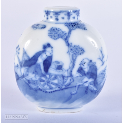 2003 - A 19TH CENTURY CHINESE BLUE AND WHITE PORCELAIN SNUFF BOTTLE bearing Qianlong marks to base. 5.5 cm ... 