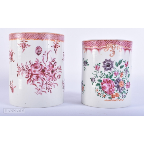 2009 - TWO 18TH CENTURY CHINESE FAMILLE ROSE PORCELAIN TANKARDS Qianlong. Largest 13 cm x 15 cm. (2)