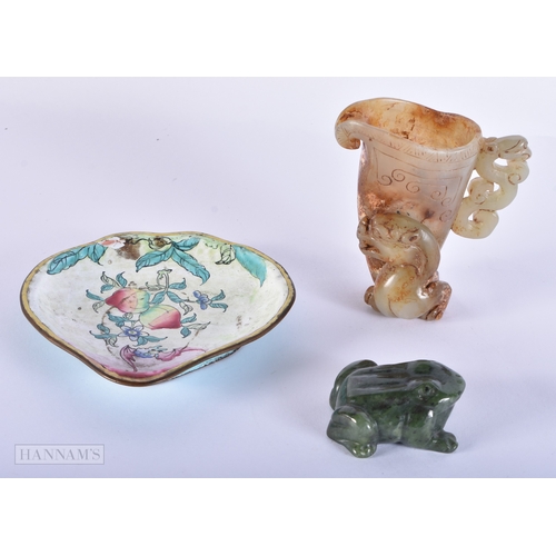 2014 - A 19TH CENTURY CHINESE CARVED GREEN JADE FROG together with a jade rhyton and a canton enamel dish. ... 