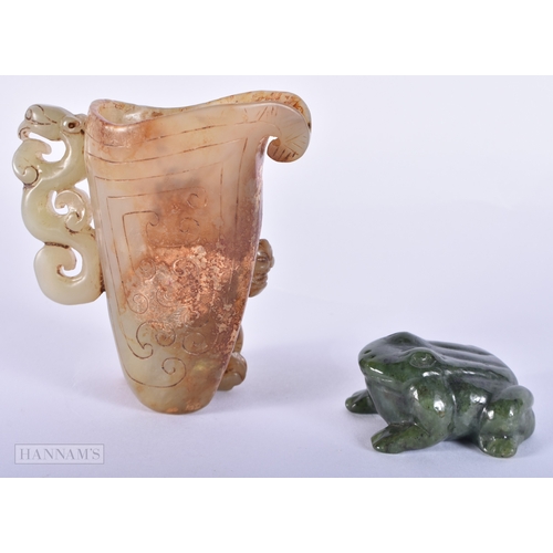 2014 - A 19TH CENTURY CHINESE CARVED GREEN JADE FROG together with a jade rhyton and a canton enamel dish. ... 