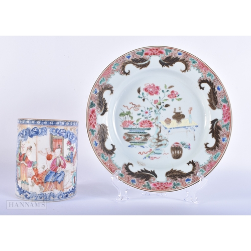 2015 - AN 18TH CENTURY CHINESE EXPORT FAMILLE ROSE MUG Qianlong, together with a Qianlong plate. Largest 22... 