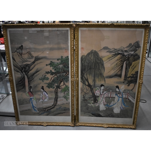 2030 - Chinese School (19th Century) Pair, Large watercolour landscapes, Beauties within landscapes. 126 cm... 