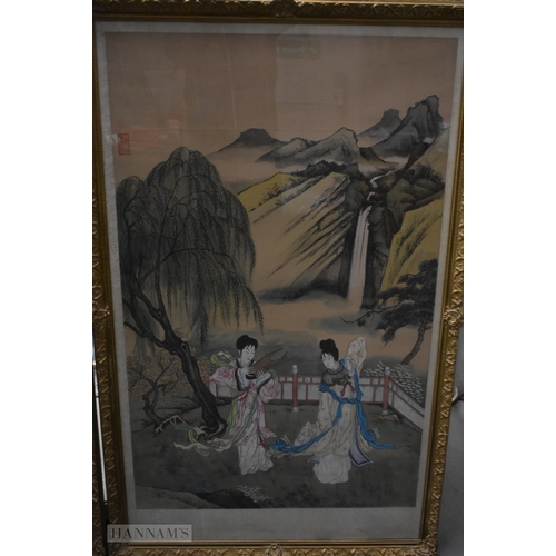 2030 - Chinese School (19th Century) Pair, Large watercolour landscapes, Beauties within landscapes. 126 cm... 