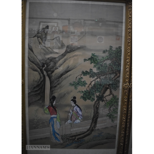 2030 - Chinese School (19th Century) Pair, Large watercolour landscapes, Beauties within landscapes. 126 cm... 