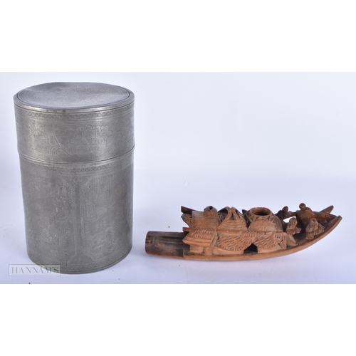 2043 - A 19TH CENTURY CHINESE PEWTER TEA CANISTER AND COVER Qing, together with a bamboo boat. Largest 17 c... 