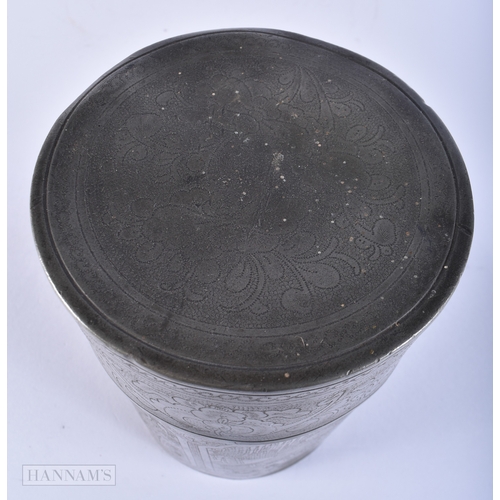 2043 - A 19TH CENTURY CHINESE PEWTER TEA CANISTER AND COVER Qing, together with a bamboo boat. Largest 17 c... 