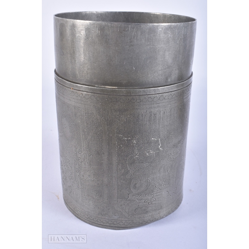 2043 - A 19TH CENTURY CHINESE PEWTER TEA CANISTER AND COVER Qing, together with a bamboo boat. Largest 17 c... 