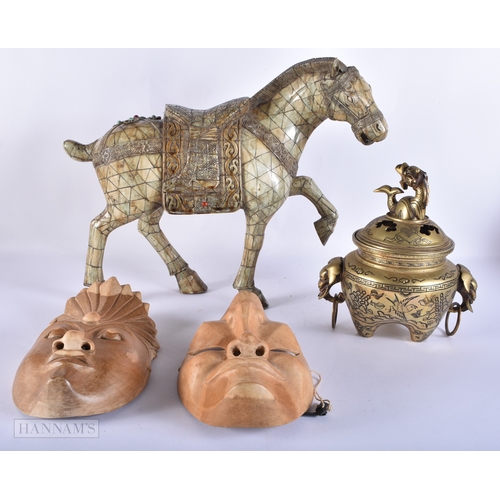 2050 - A LARGE CHINESE REPUBLICAN PERIOD STAINED BONE HORSE together with a bronze censer & two wood masks.... 