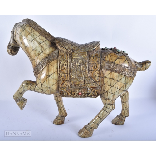 2050 - A LARGE CHINESE REPUBLICAN PERIOD STAINED BONE HORSE together with a bronze censer & two wood masks.... 