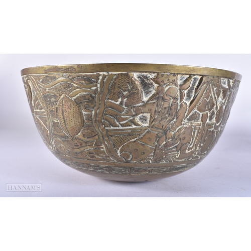 2054 - A LARGE PAIR OF 19TH CENTURY CHINESE BRONZE BOWLS bearing Xuande marks to base. 24 cm diameter.