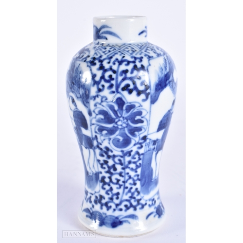 2061 - A 19TH CENTURY CHINESE BLUE AND WHITE PORCELAIN VASE bearing Kangxi marks to base. 13 cm high.