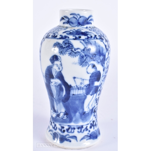 2061 - A 19TH CENTURY CHINESE BLUE AND WHITE PORCELAIN VASE bearing Kangxi marks to base. 13 cm high.