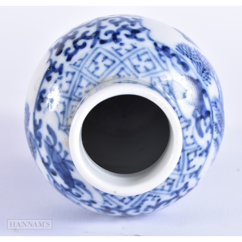 2061 - A 19TH CENTURY CHINESE BLUE AND WHITE PORCELAIN VASE bearing Kangxi marks to base. 13 cm high.