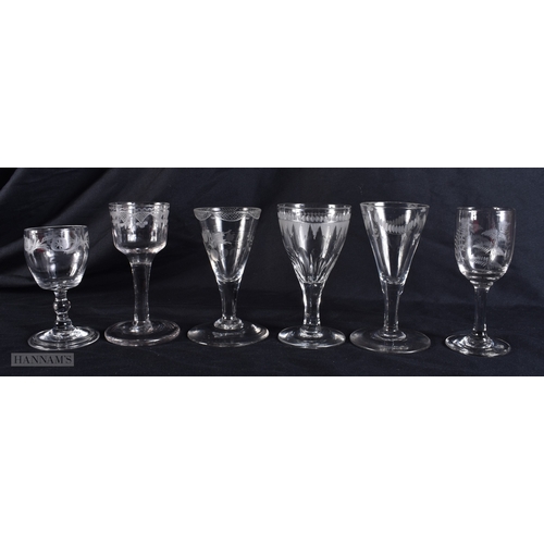 101 - SIX ANTIQUE GLASSES all engraved with flowers. 12 cm high. (6)