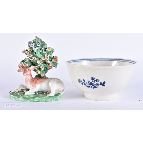 106 - AN 18TH CENTURY ENGLISH PORCELAIN FIGURE OF A DEER together with a Worcester bowl. Largest 12 cm wid... 