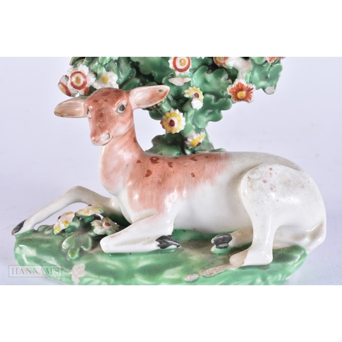 106 - AN 18TH CENTURY ENGLISH PORCELAIN FIGURE OF A DEER together with a Worcester bowl. Largest 12 cm wid... 