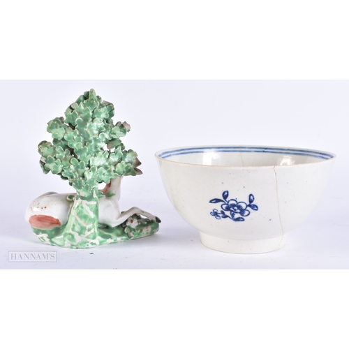 106 - AN 18TH CENTURY ENGLISH PORCELAIN FIGURE OF A DEER together with a Worcester bowl. Largest 12 cm wid... 