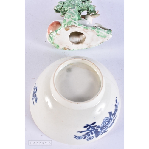 106 - AN 18TH CENTURY ENGLISH PORCELAIN FIGURE OF A DEER together with a Worcester bowl. Largest 12 cm wid... 