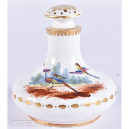109 - AN EARLY 19TH CENTURY ENGLISH PORCELAIN SCENT BOTTLE AND STOPPER painted with birds. 6.5 cm high.