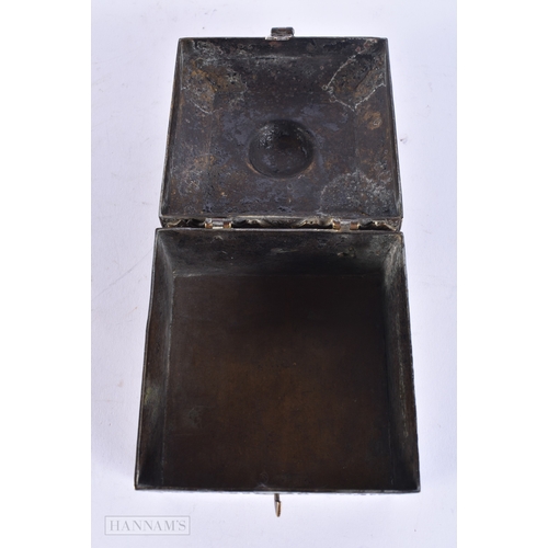 114 - A RARE 19TH CENTURY ISLAMIC MIDDLE EASTERN SILVER INLAID BRONZE BOX decorated with scripture. 10 cm ... 