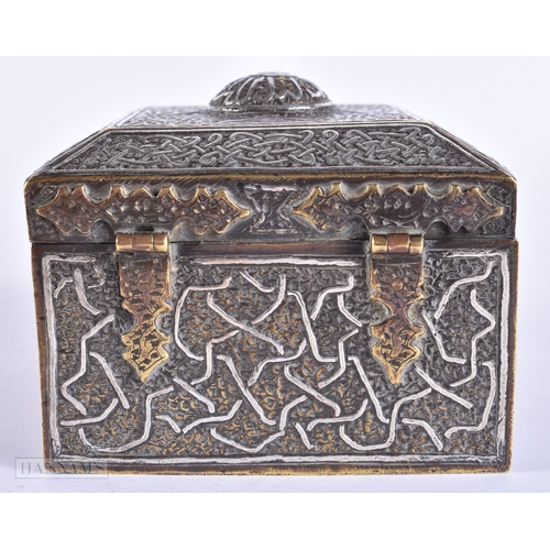 114 - A RARE 19TH CENTURY ISLAMIC MIDDLE EASTERN SILVER INLAID BRONZE BOX decorated with scripture. 10 cm ... 