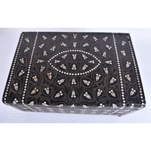 133 - A VERY LARGE LATE 19TH CENTURY ANGLO INDIAN CARVED WOOD JEWELLERY BOX inlaid with motifs and flowers... 