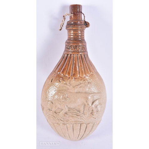 135 - A RARE 19TH CENTURY ENGLISH STONEWARE WHISKEY FLASK modelled as a hunting powder flask. 21 cm x 10 c... 