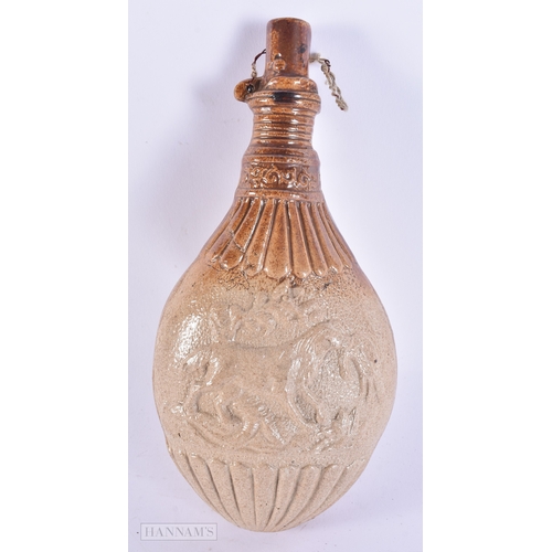 135 - A RARE 19TH CENTURY ENGLISH STONEWARE WHISKEY FLASK modelled as a hunting powder flask. 21 cm x 10 c... 