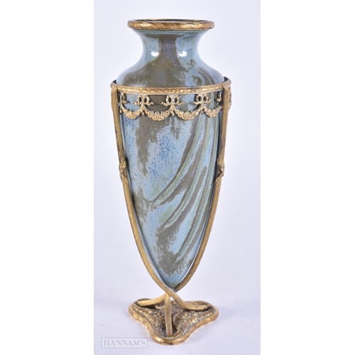 136 - AN ANTIQUE FRENCH ROBINS EGG PORCELAIN AMPHORA VASE possibly Sevres, within a gilt metal casing. 18 ... 