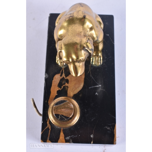 139 - A CHARMING FRENCH ART DECO BRONZE AND MARBLE DESK BELL. 13.5 cm wide.