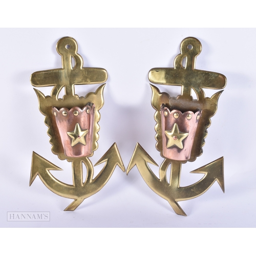 141 - AN UNUSUAL PAIR OF ANTIQUE COPPER AND BRASS MARITIME SPILL HOLDERS. 20 cm x 12 cm.