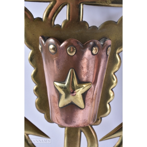 141 - AN UNUSUAL PAIR OF ANTIQUE COPPER AND BRASS MARITIME SPILL HOLDERS. 20 cm x 12 cm.