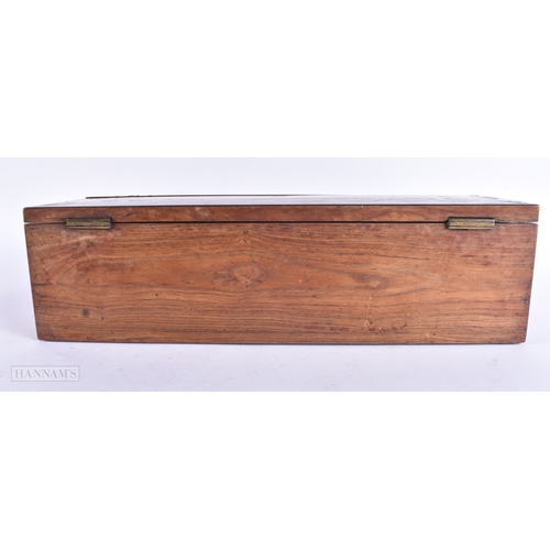 145 - A FINE 19TH CENTURY ANGLO INDIAN CHINESE CARVED WOOD WRITING BOX possibly huanghuali, inset with a b... 