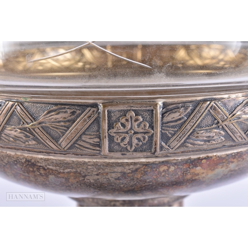 157 - AN EARLY 20TH CENTURY SECESSIONIST STYLE SILVER PLATED GLASS COMPORT Attributed to WMF. 42 cm x 18 c... 