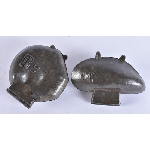 76 - TWO ANTIQUE FRENCH PEWTER CLAM SHELL ICE MOULDS. Largest 9 cm x 5.5 cm. (2)