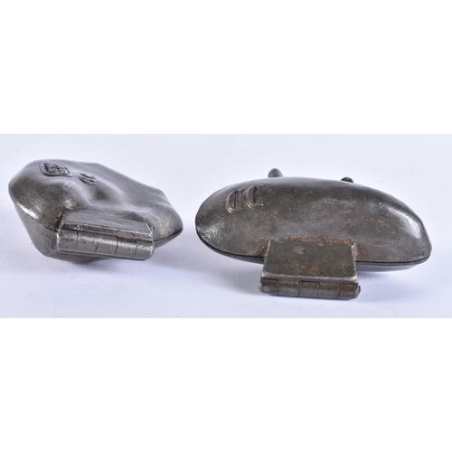 76 - TWO ANTIQUE FRENCH PEWTER CLAM SHELL ICE MOULDS. Largest 9 cm x 5.5 cm. (2)