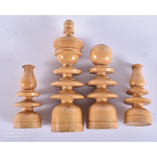 14 - Two antique Hand Made Chess Sets Wood Turned & Carved Pieces w/ Wooden Box. Largest 9.75 cm high. (q... 