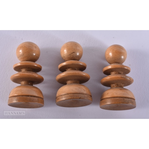 14 - Two antique Hand Made Chess Sets Wood Turned & Carved Pieces w/ Wooden Box. Largest 9.75 cm high. (q... 