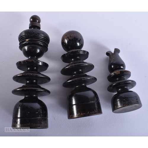 14 - Two antique Hand Made Chess Sets Wood Turned & Carved Pieces w/ Wooden Box. Largest 9.75 cm high. (q... 