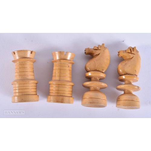 14 - Two antique Hand Made Chess Sets Wood Turned & Carved Pieces w/ Wooden Box. Largest 9.75 cm high. (q... 