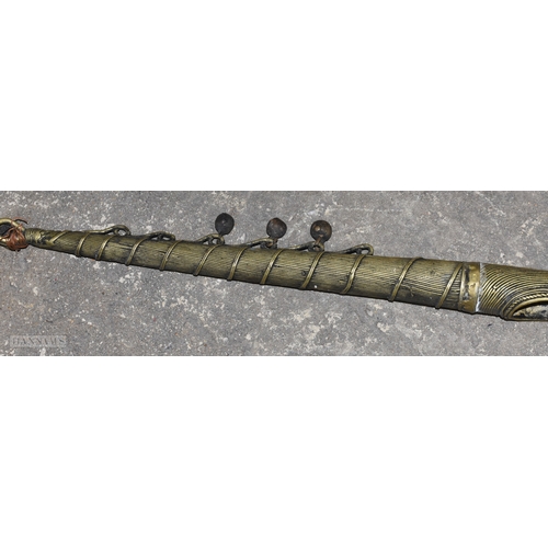 355F - A VERY LARGE PAIR OF INDIAN BRONZE HORNS. 120 cm long.