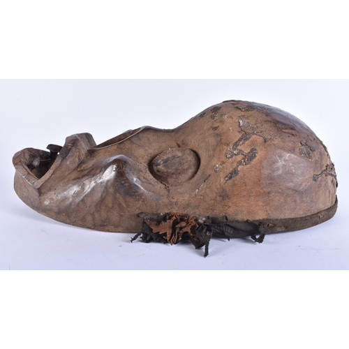 356 - AN UNUSUAL AFRICAN TRIBAL CARVED WOOD MONKEY MASK. 38 cm x 15 cm.
