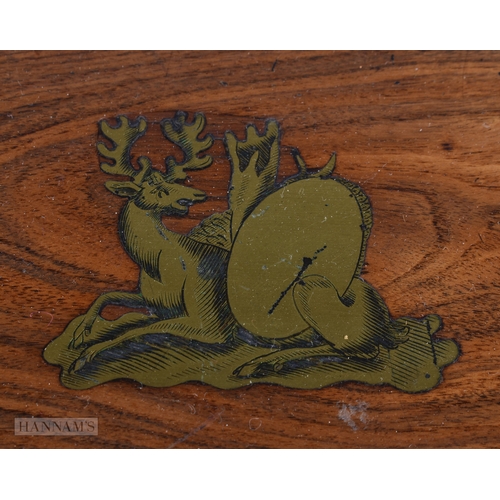 360 - A LOVELY VICTORIAN CARVED WOOD WRITING BOX inset with a brass deer. 34 cm x 26 cm.