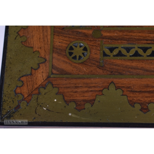 360 - A LOVELY VICTORIAN CARVED WOOD WRITING BOX inset with a brass deer. 34 cm x 26 cm.