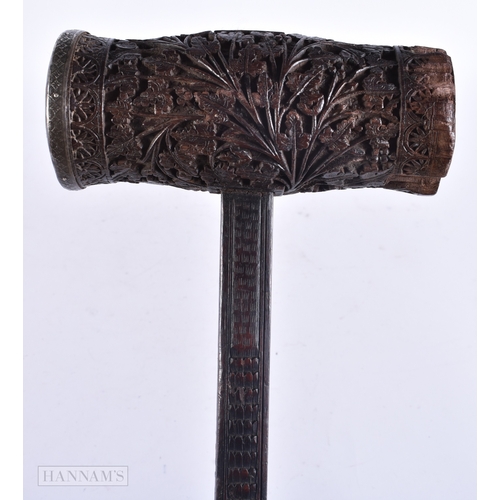 361 - A RARE 19TH CENTURY ANGLO INDIAN BOMBAY SCHOOL CARVED WOOD CROQUET MALLET decorated with foliage and... 